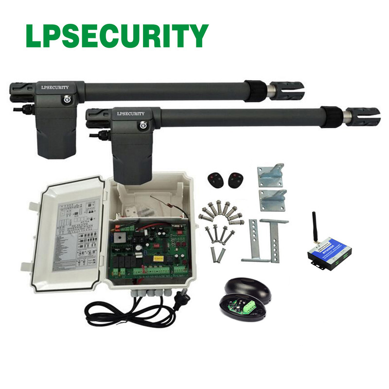 LPSECURITY 220V swing arm heavy duty swing gate operator kit con gsm door opener,alarm light,photocells y 4transmitters optional