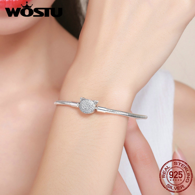WOSTU Authentic 100% 925 Sterling Silver Cute Cat Glittering CZ Snake Strand Chain Bracelets Bangle for Women Silver Jewelry