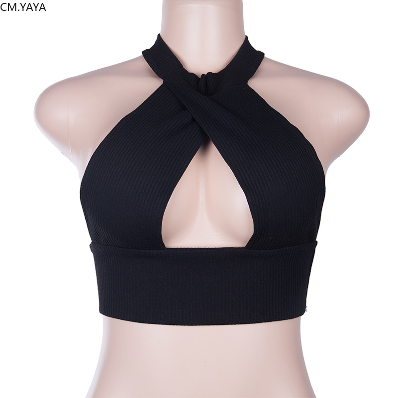 CM.YAYA women summer sexy cut out open back halter neck party club crop tops beach knitted camis tops