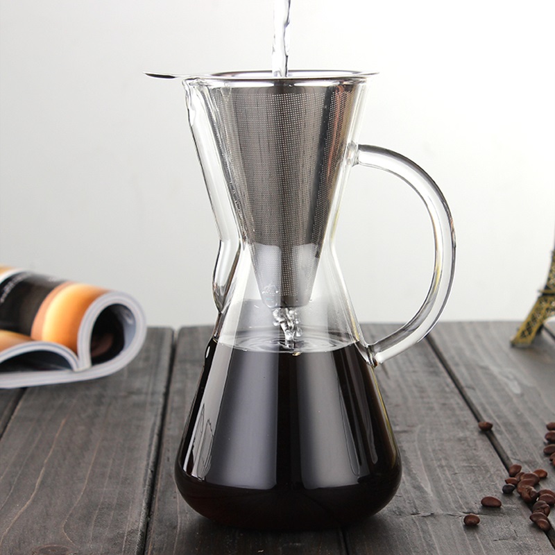 600ml 1000ml Drip Coffee Maker Glass Pot and Reusable Metal Filter Set v60 Dripper Coffee Server Percolator Pour Over Coffee Pot
