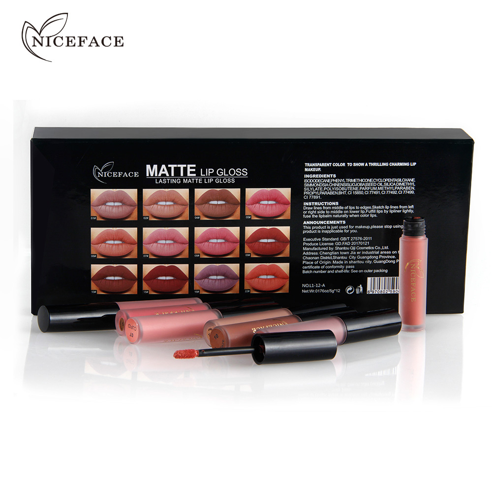 NICEFACE Velvet Liquid Lipstick Kit 12 Colors/box Lips Makeup Cosmetics Nude Matte Lip Gloss Set Waterproof Silky Lip Stick Kits