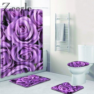 Zeegle Floral Pattern Bathroom Shower Curtain and Bath Rug Set Anti-slip Toilet Mat Floor Pad Bath Rugs Purple Foot Mat