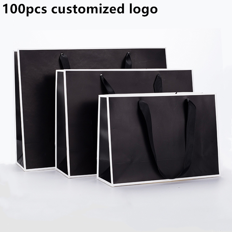 100pcs gold gift / bag black frame white thickened gift business bag shopping paper bag packaging bag custom logo printing