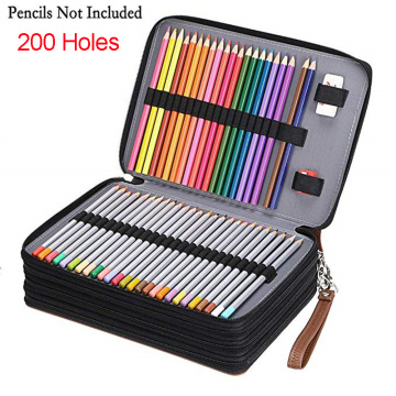 200 Holes PU Leather Big zipper Colored Pencil Case Large Black Pencil Pouch For Student Art Painting Storage Bag Pen Curtain