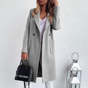 2020 Autumn Winter Wool Blend Coat Female Casual Mid-Long Pocket Overcoat Trench Solid Women Long Sleeve Button Jacket Outerwear