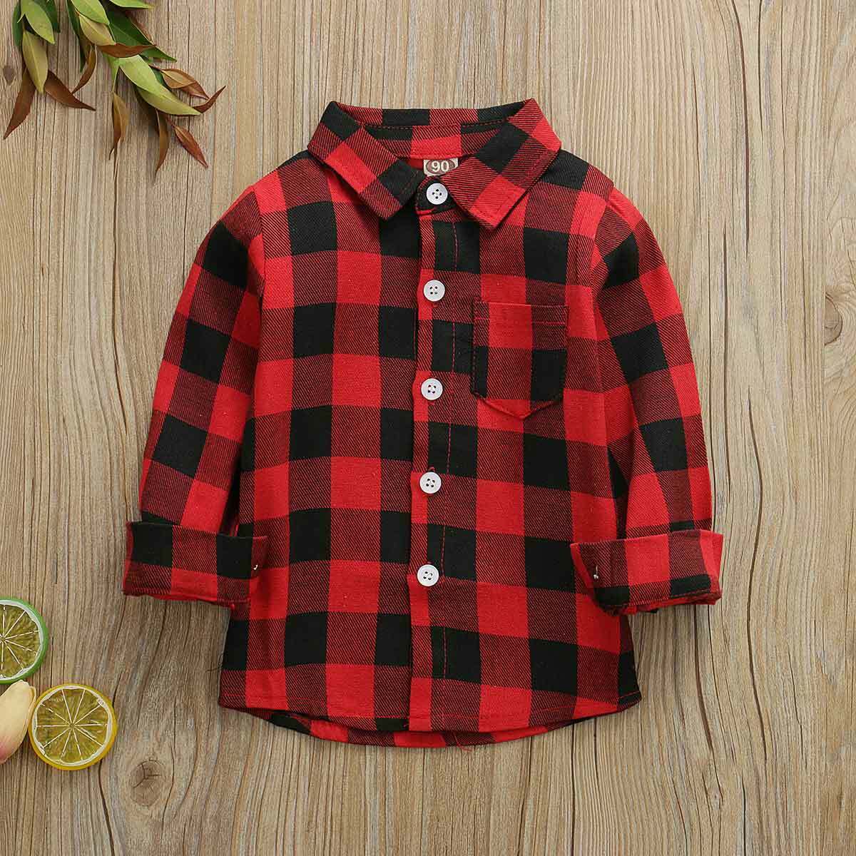 1-6Y toddler kid baby boy girl shirt red plaid letter print long sleeves Blouse autumn fashion outdoor children clothes top