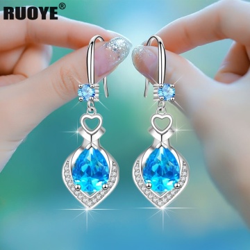 925 Sterling Silver Drop Earrings Luxury Crystal Heart Earrings Fashion Korea Silver Jewelry New 2020