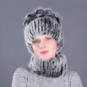 Newest Elastic Knitted Rabbit Fur Beanies And Collars with Fox Pomom Genuine Fur Winter lady Cap Real Fur Hat & Scarf