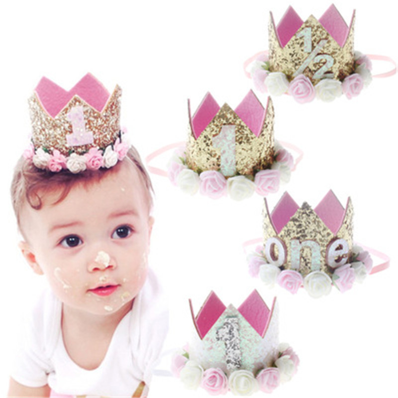 1Pcs Baby Girl First Birthday Party Hat Gifts Hairband Princess Queen Crown Lace Hair Band Elastic Head Wear Hat Decorations