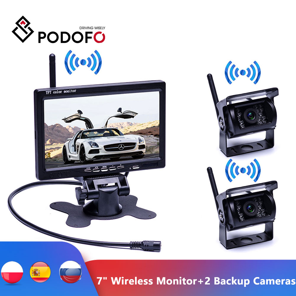 Podofo 7" Wireless Monitor Waterproof Vehicle 2 Backup Camera Kit TFT LCD Monitor Parking Assistance For Bus Houseboat Truck RV