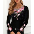 Elegant Blouse for Women Flower Print Mesh Tops Long Sleeve Black O-neck Patchwork Ladies Lace Decor Tee Tops Spring 2021
