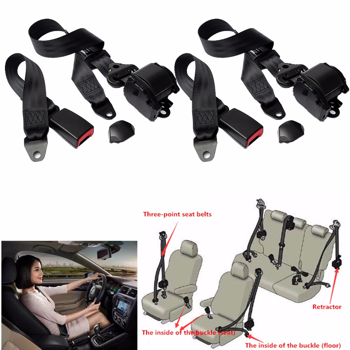 3 Point Auto Car Truck Bus Van Safety Seat Security Universal Retractable Adjustable Truck Lap Belt Set Kit Safety Accessories