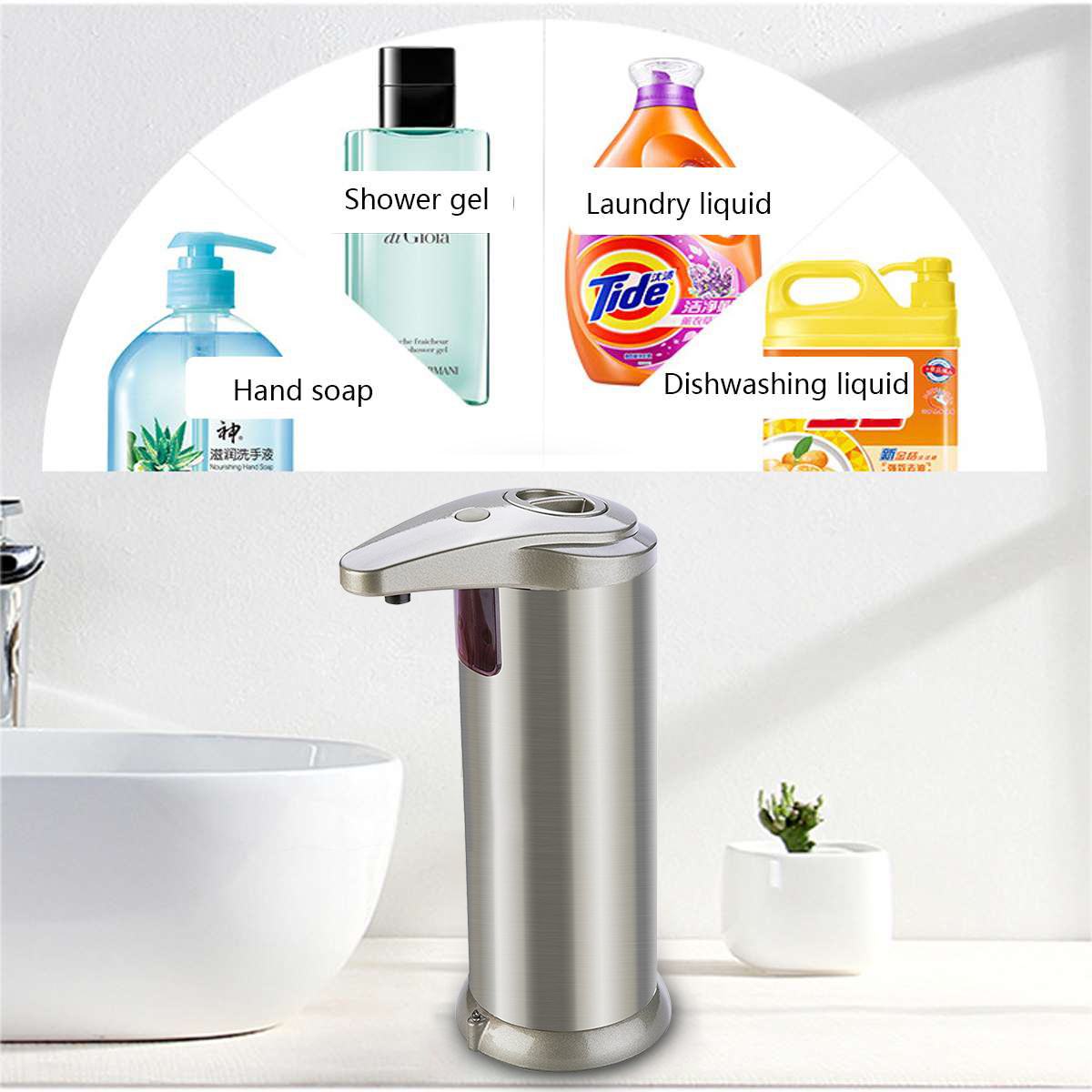 280ml Touchless Liquid Soap Dispenser Stainless Steel Infrared Sensor Automatic Liquid Soap Dispenser for Kitchen Bathroom