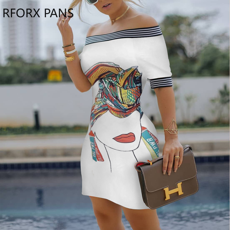 Women Figure Print Striped Tape Bodycon Dress Casual Dress Elegant Fashion Chic Dress