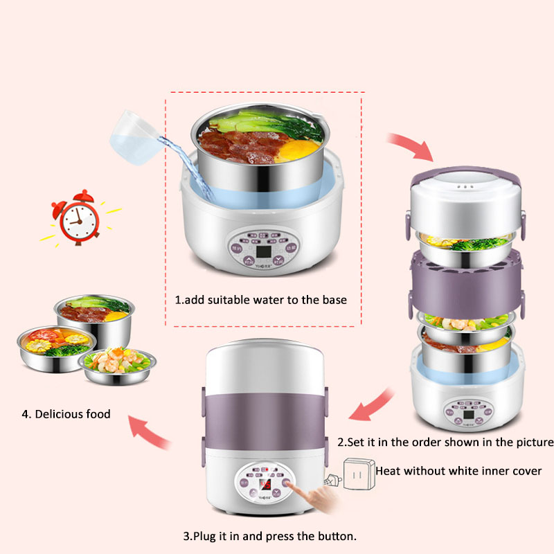 Kbxstart Portable 2L Electric Lunch Box 3 Layer Stainless Steel Liner Thermos Container for Heated Food Containers Rice Cooker