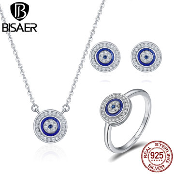 BISAER Jewelry Set 925 Sterling Silver Guardian Evil Eyes Women Lucky Blue Eye Jewelry Sets Sterling Silver Jewelry Wedding Gift
