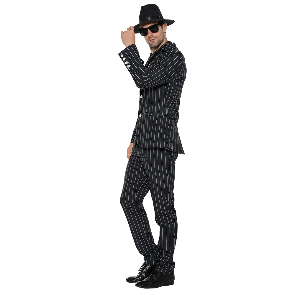 Eraspooky 80s Gothic Movie Men's Gomez Addams Cosplay Wig 1920s Gangster Costume Stripe Suits Jacket Halloween Costume For Adult