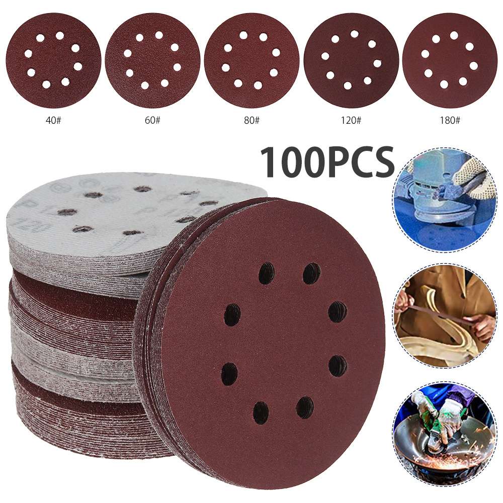 100pcs 5 Inch 125mm Round Sandpaper Eight Hole Sander Discs Hook Loop Sanding Paper Polishing Pad 40-180Grit Abrasives Tools