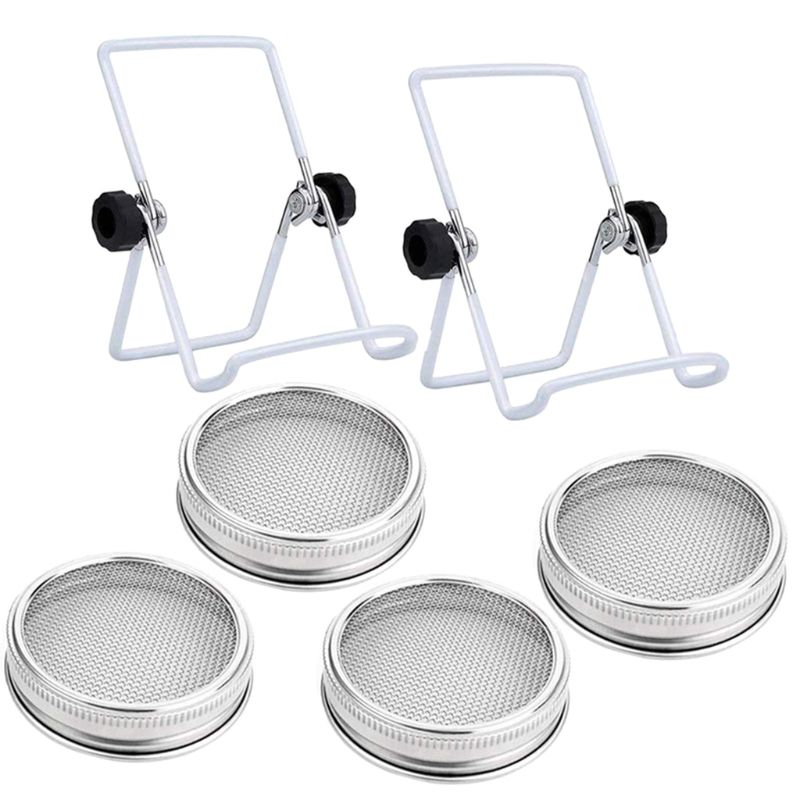 4Pcs Stainless Steel Sprouting Jar Lids with 2 Stands for Wide Mouth Sprout Jars T8WB