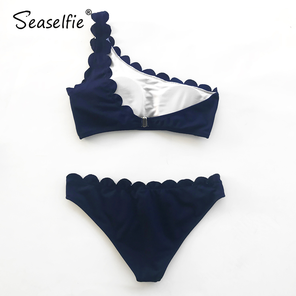 SEASELFIE Sexy Navy One Shoulder Low-waist Bikinis Set Swimwear Women Swimsuits Bathing Suit 2021 Scalloped Bikini Beachwear