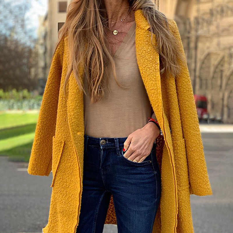 2020 New Fashion Women's Coat Autumn Winter Long-sleeved Plush Wool&Blends Women's Long Coat Winter Yellow/Khaki manteau femme