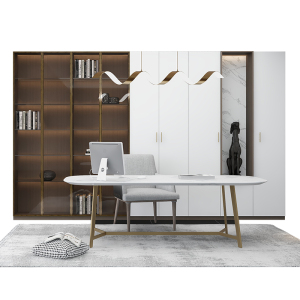 Modern white wooden corner bookcase with computer desk