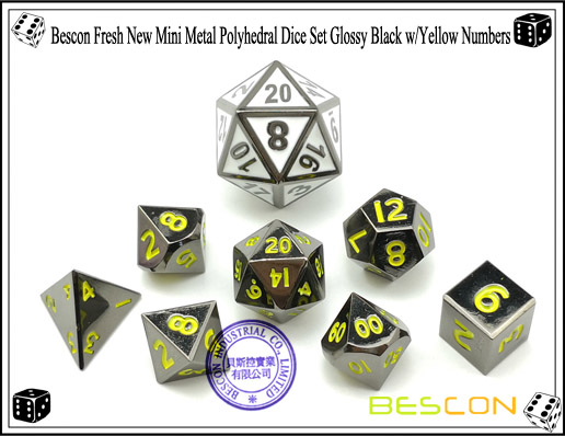 Bescon Fresh New Mini Metal Polyhedral Dice Set Glossy Black with Yellow Numbers-3