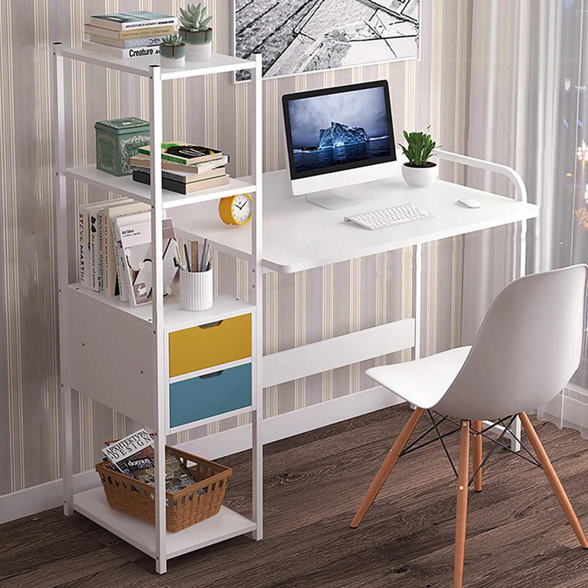 Large Wood Computer Desk Laptop Desk Writing Table Study Desk with Drawers Shelves Office Furniture PC Laptop Workstation Home