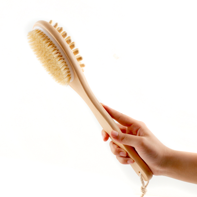 35cm 2-in-1 Sided Natural Bristles Brush Scrubber Long Handle Wooden SPA Shower Brush Bath Body Massage Brushes Back Easy Clean