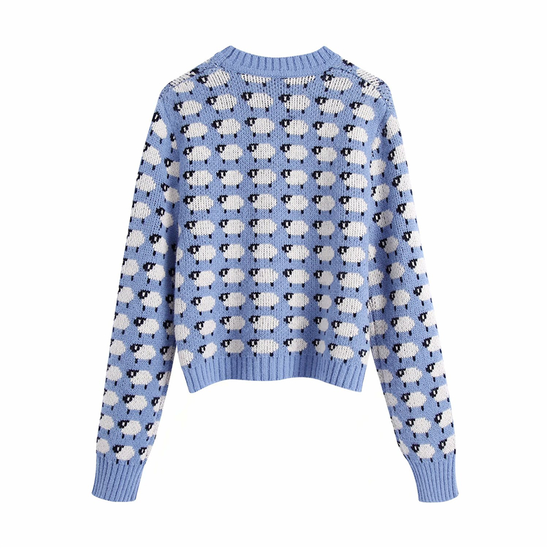 Sweet Women Cartoon Sheep Print Sweater 2020 Fashion Ladies Chic O-Neck knitted Tops Streetwear Female Cute Blue Pullovers