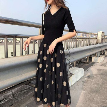 Spring Women Wave Point Half Sleeve V-neck Tea-length A-line Gauze Waist Thin Fake Two Pieces Black Cocktail Dresses 9229