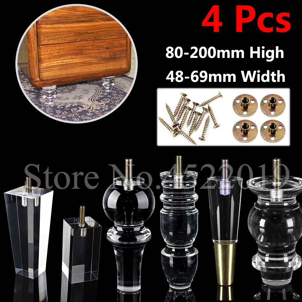 4Pcs M8 Screws Acrylic Furniture DIY Legs Clear Glass Feet ,for End Table Coffee Tables Buffets Cabinet Bed Tea bar Stool
