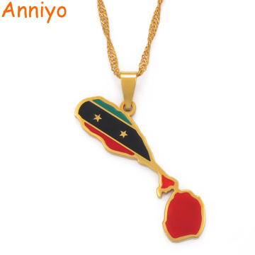 Anniyo The Federation of Saint Kitts and Nevis Map Flag Pendant Chain Necklaces St. Kitts & Nevis Maps Jewelry #103821