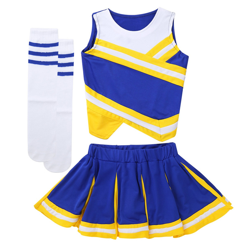 Kids Girls Cheerleading Uniforms Sleeveless Tops Pleated Skirt Socks Set Stage Performance Cheerleader Costume Dancewear Outfit