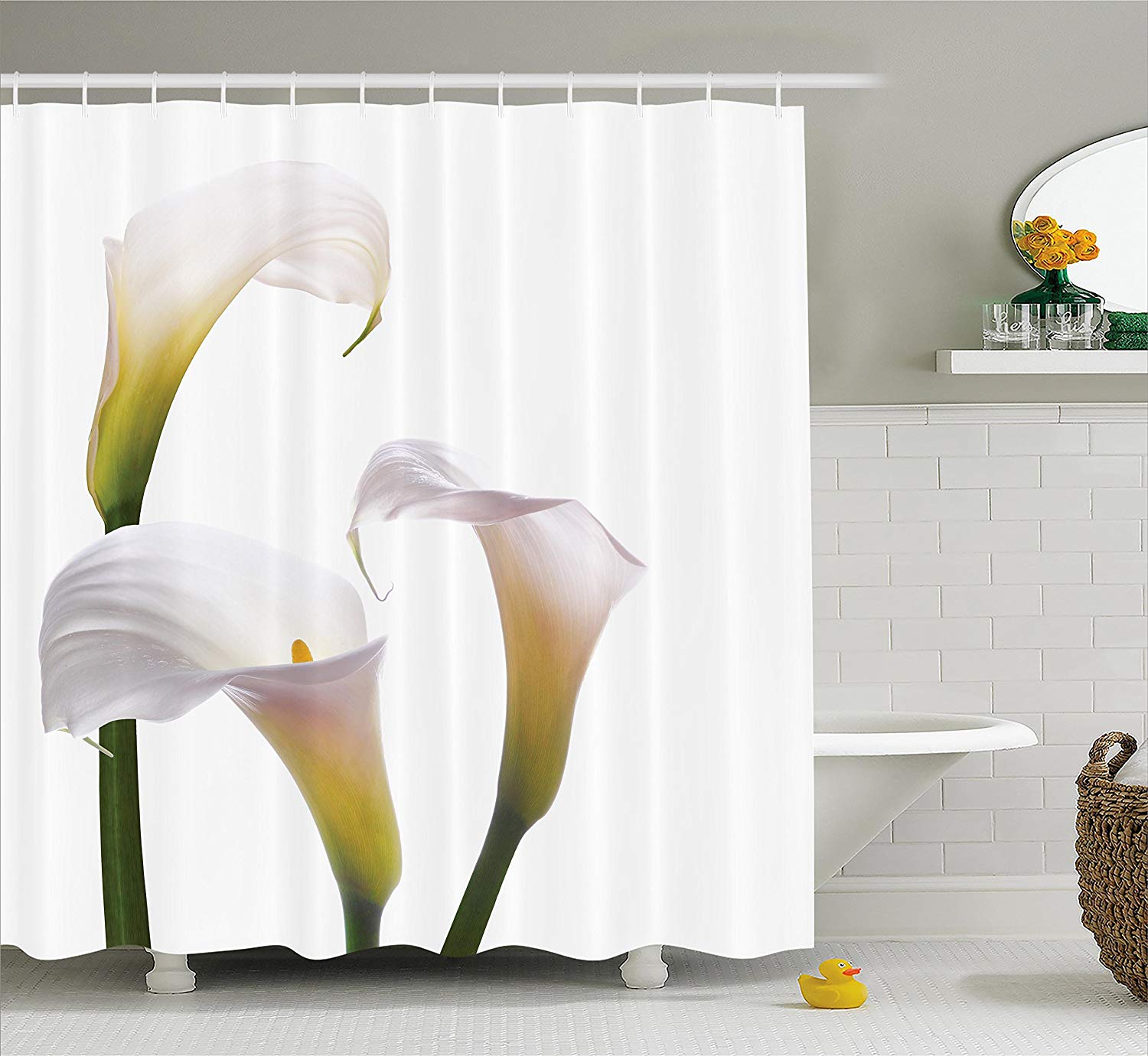 Flower Shower Curtain Flourishing Calla Lilies on White Fresh Spring Bouquet Gentle Nature Theme Cloth Fabric Bathroom Decor Set