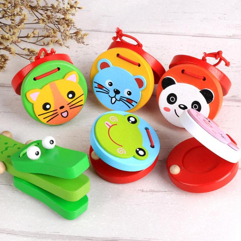 Baby Cute Cartoon Wooden Castanet Clapper Handle Kids Musical Instrument Toy For Children Preschool Early Educational Toys