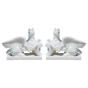 Stunning White Marble Eagle-Lion Guardian Statues