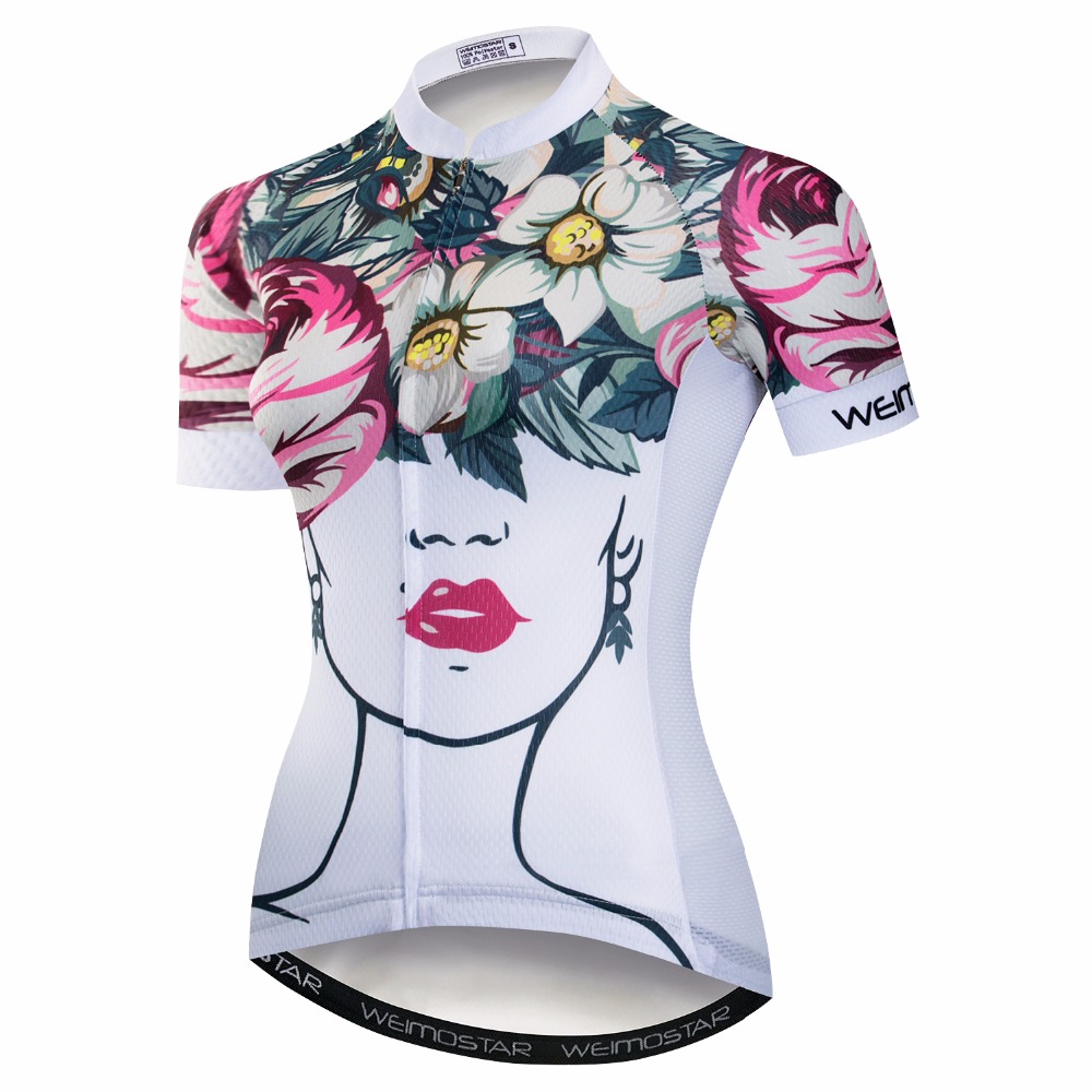 Weimostar Women Bike Jersey Outdoor Sport Wear Girl Cycling Jersey black white Bicycle Shirt Top Flower Cute Quick Dry