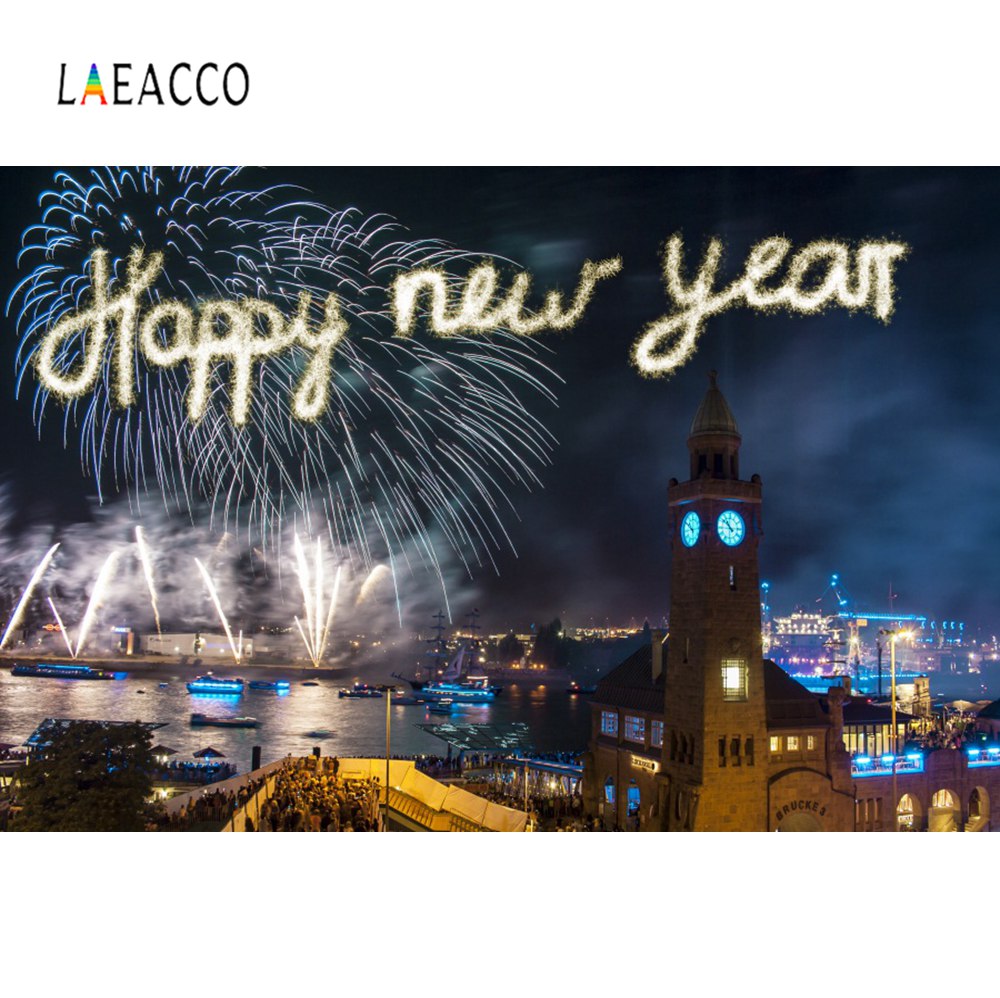Laeacco Happy New Year Fireworks Firecrackers City London Night Scenic Photo Backgrounds Photography Backdrops For Photo Studio