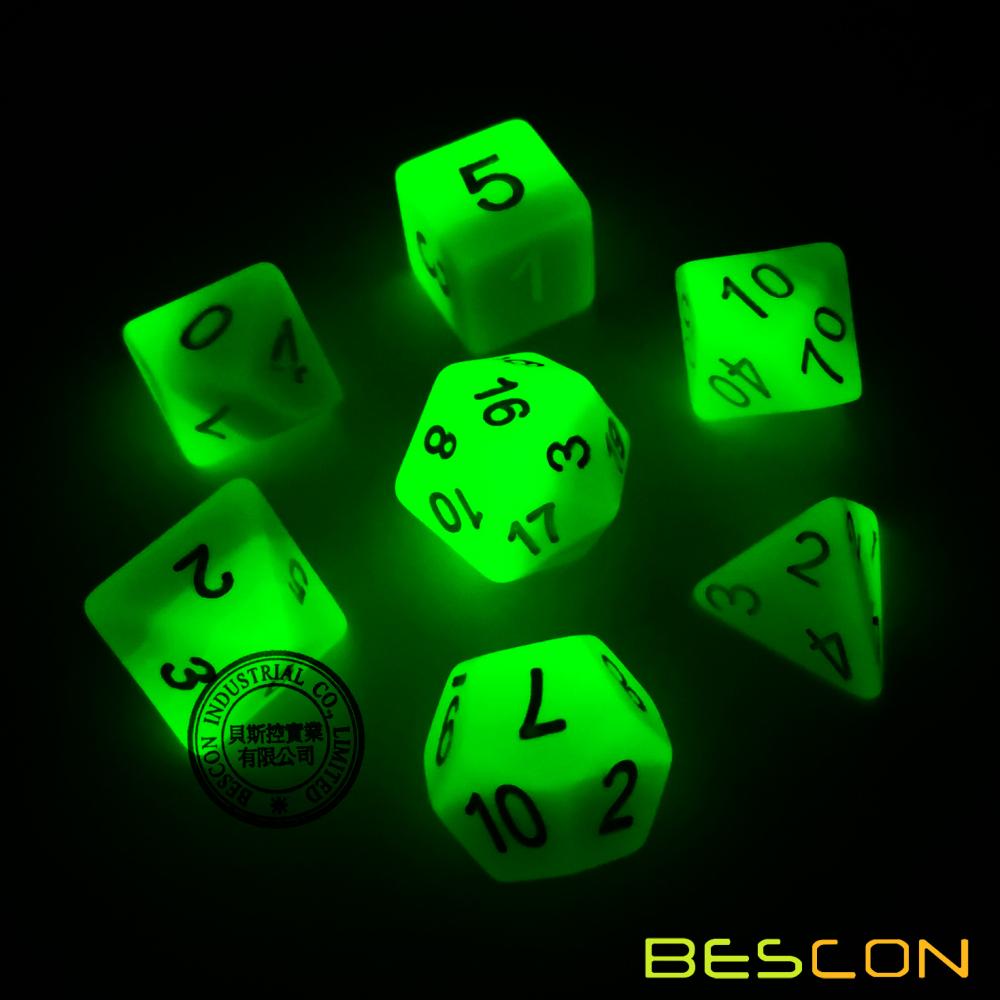 Bescon Gradient Glowing Polyhedral Dice 7pcs Set FOREST LIGHT, Gradual Luminous RPG Dice Set Glow in Dark, Novelty DND Game Dice