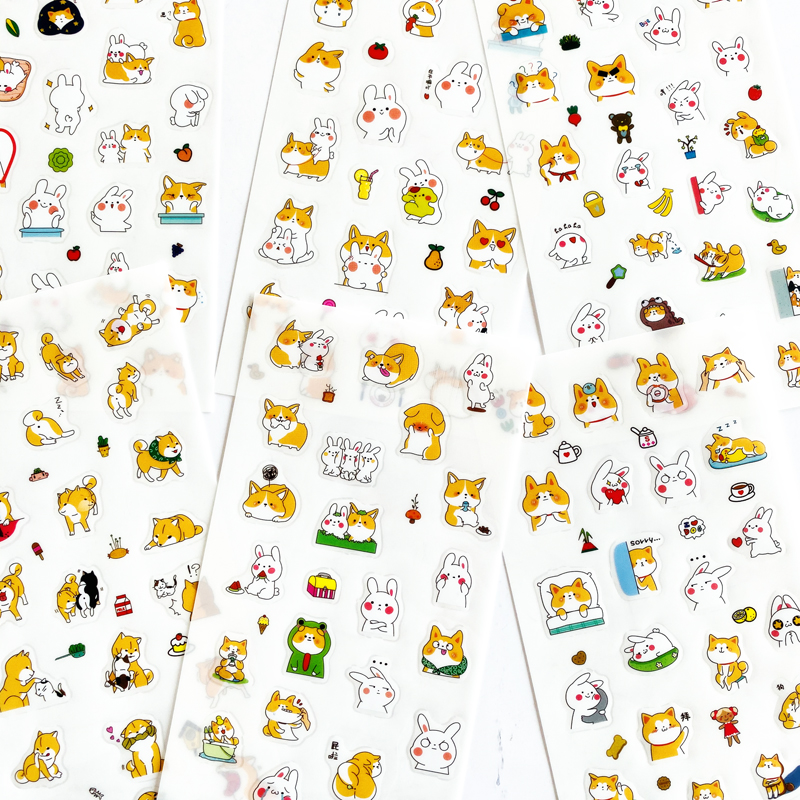 6 Sheets/Pack Cute Puppy Dog & Rabbit Sticker Adhesive Craft Stick Label Notebook Computer Decor Kids Gift Stationery