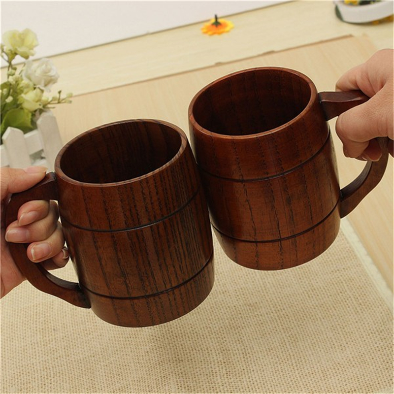 Visual Touch 2PCs Wooden Beer Mug Cup With Handle Wood Cask Barrel Beer Keg Coffee Tea Milk Drinking Mug Cup Breakfast