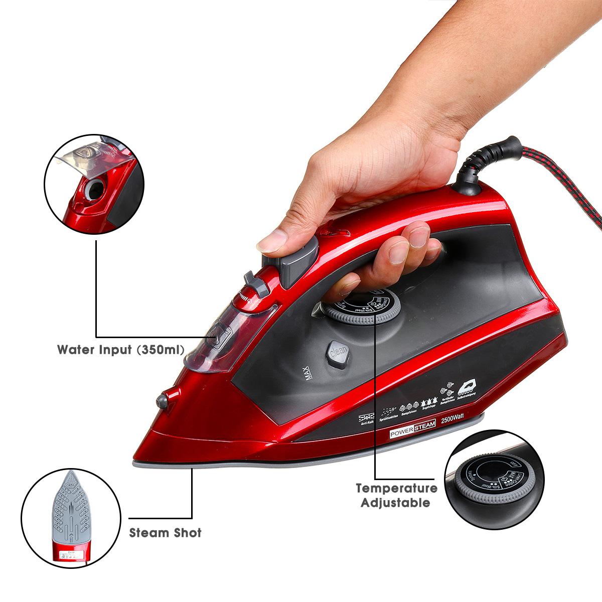 2500W Steam Iron for Clothes 350ml 4 Level Adjustable Vertical Electric Irons Self-Cleaning Travel Portable Ironing Steamer