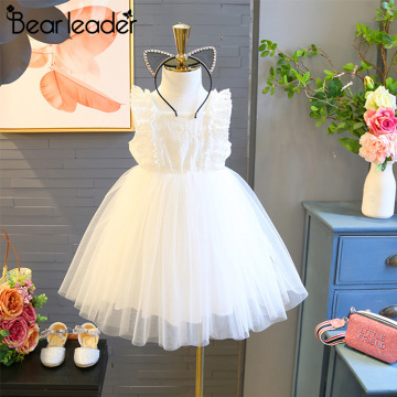 Bear Leader Girls Dress 2021 Summer Children Floral Dresses Girl Clothes Lace Solid Party Dress Openwork Kid Princess Dress 3-7Y