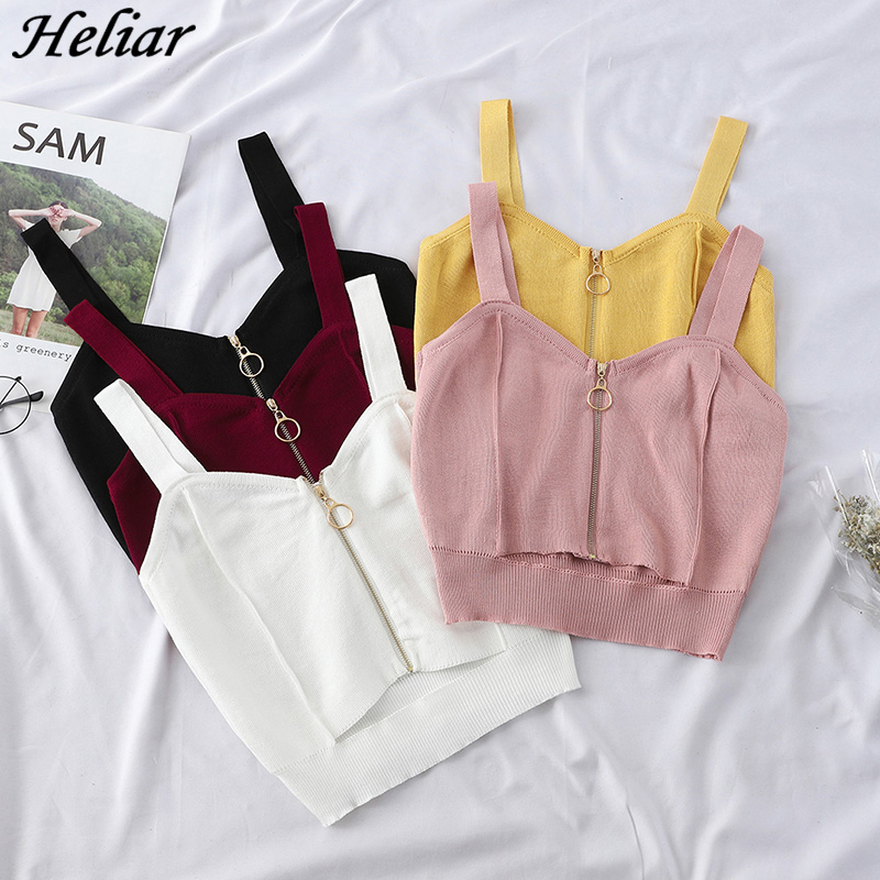 HELIAR 2021 Summer Women Tank Tops Club Sexy Zipper Crop Top Girlish Knitting Camisole Ladies Sleeveless Solid Simple Camis