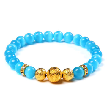 CZ Gold Craft Charm Bracelets For Men 8 mm Blue Polished Tiger Eye Stone Beads Pulsera Women Friendship Handmade Elastic Jewelry