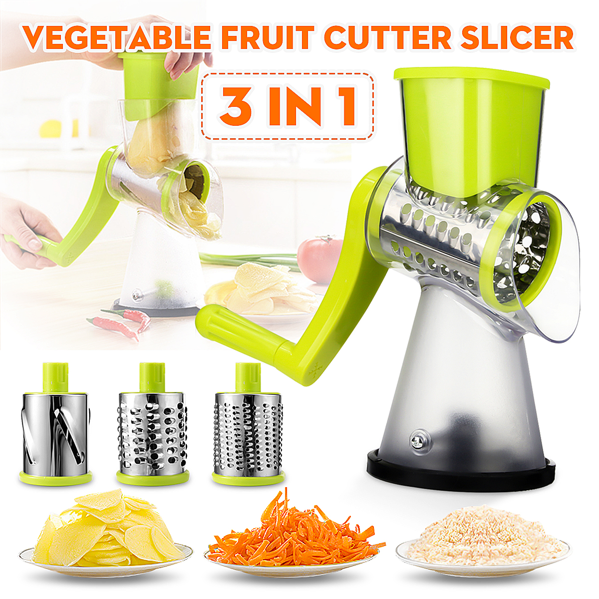 Roller Vegetable Slicer Cutter Potato Chopper Carrot Grater Detachable 3 Stainless Steel Blade Non-Slip Base Meat Grinder