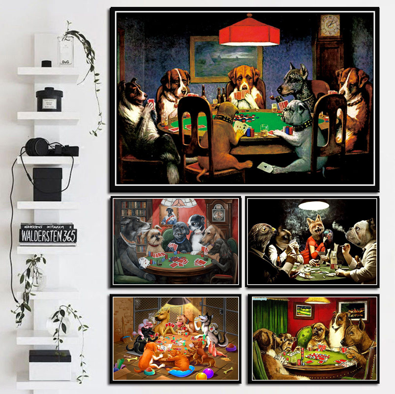 Cats Dogs Playing Poker Funny Collage Cartoon Animal Canvas Oil Painting Poster Prints Art Wall Pictures Living Room Home Decor