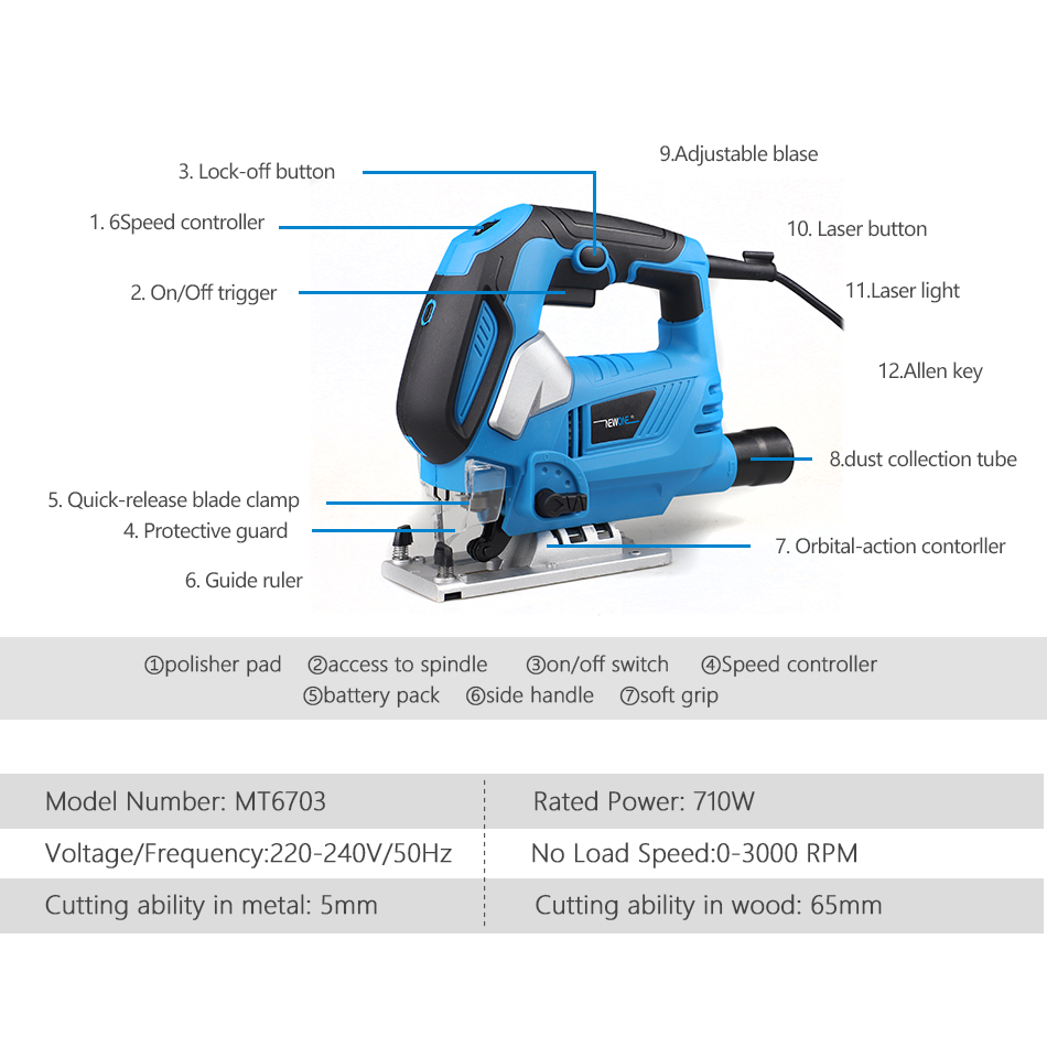 NEWONE Electric Power tool Jig Saw Laser Electric Saw Metal Ruler, Allen Wrench Variable speed 710W Jigsaw Quick Blade Change