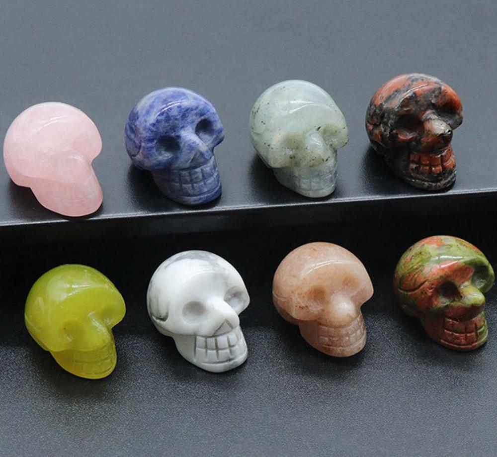 Crystal Skull Head Pendant Necklace Handmade Carved Gemstone Human Skeleton Figurines Reiki Healing Stone Choker